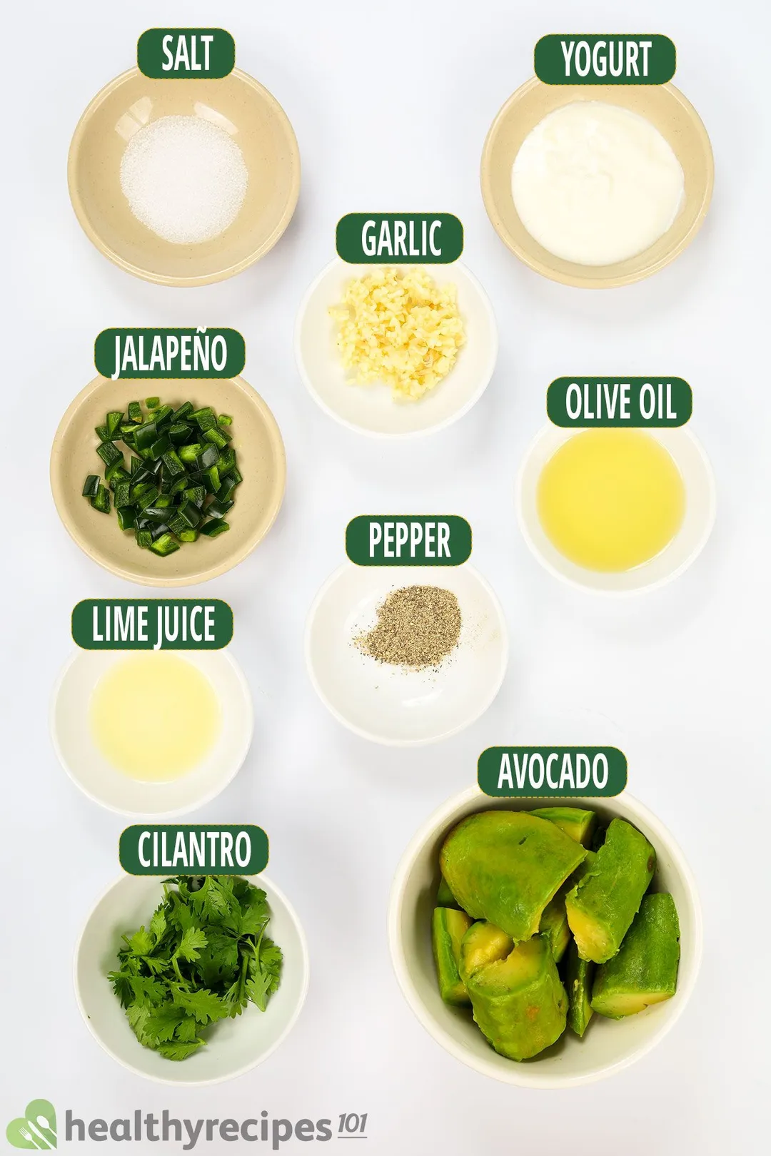 ingredients list for avocado sauce: salt yogurt garlic olive