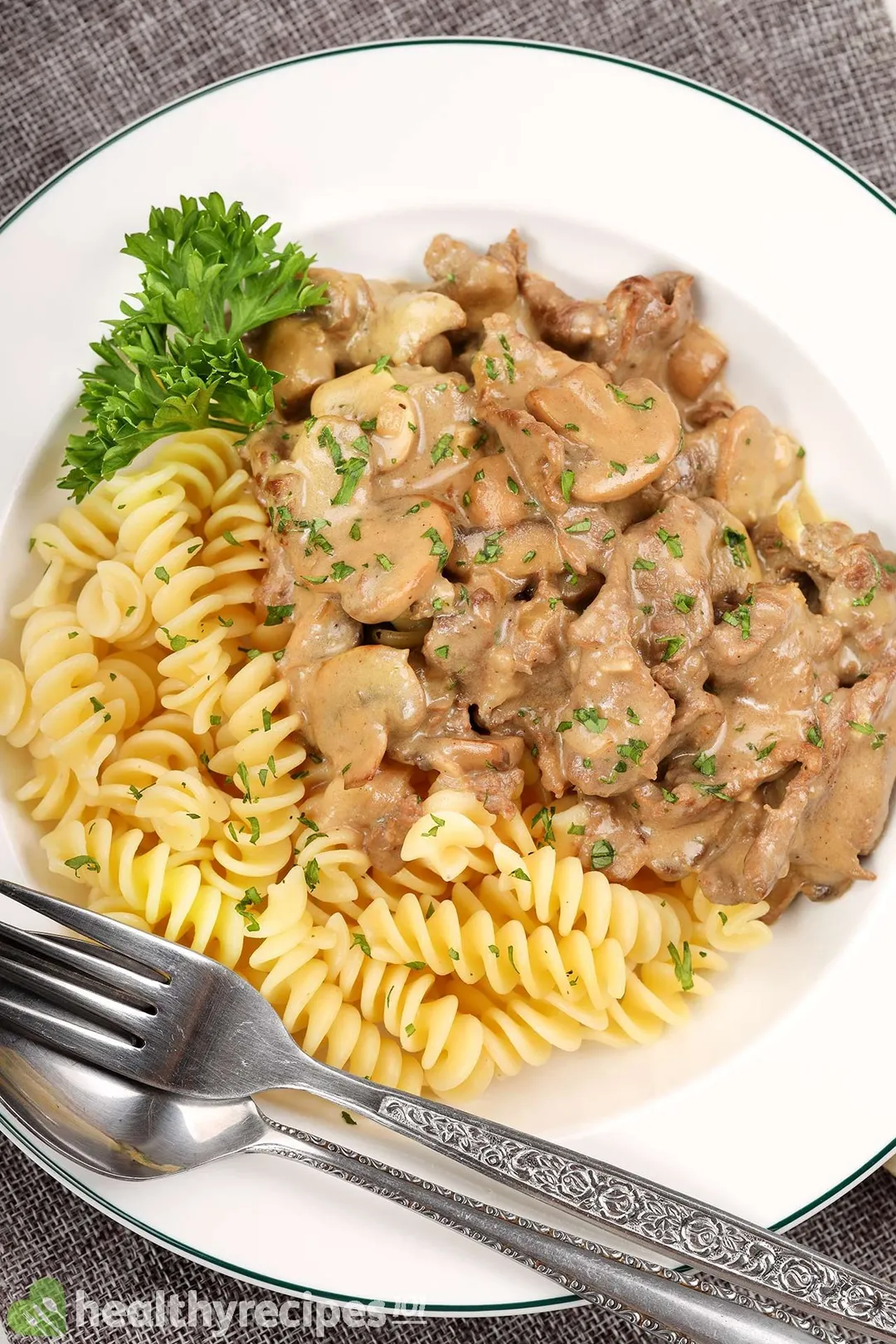 a plate of Beef Stroganoff with pasta and fork, spoon for garnish
