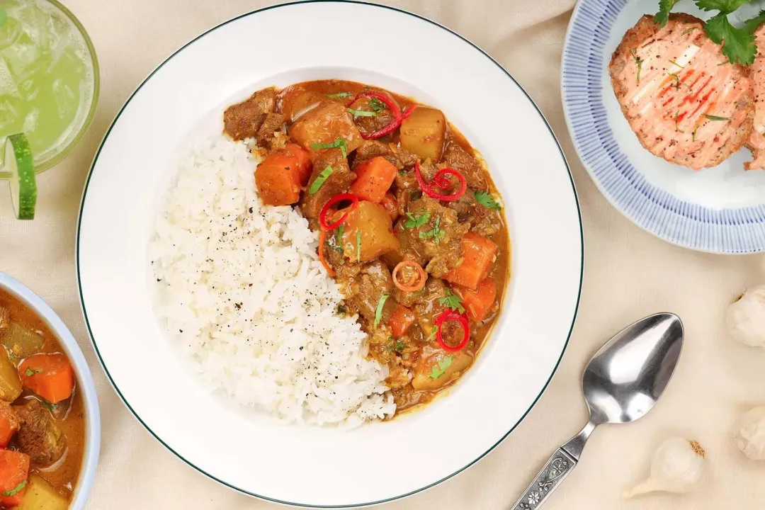 Serve beef curry over steamed rice