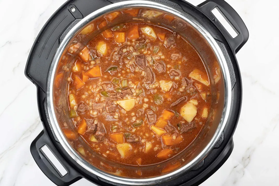 beef chunk, barley, carrot and potato diced cooked by an instant pot