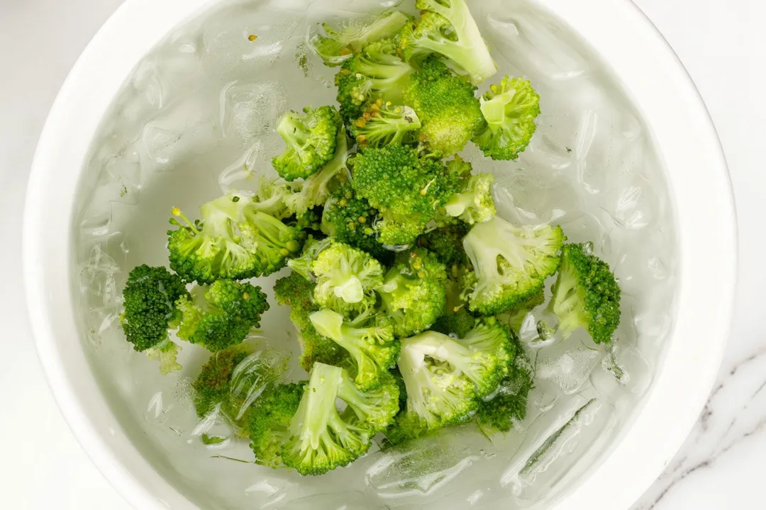 broccoli florets in a bath ice