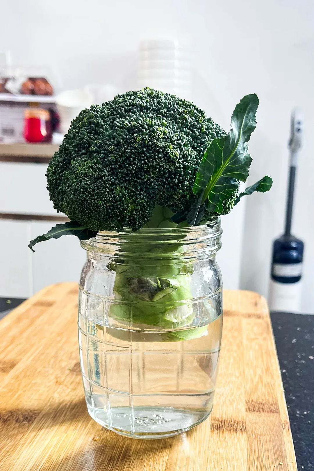 a broccoli in a jar of water