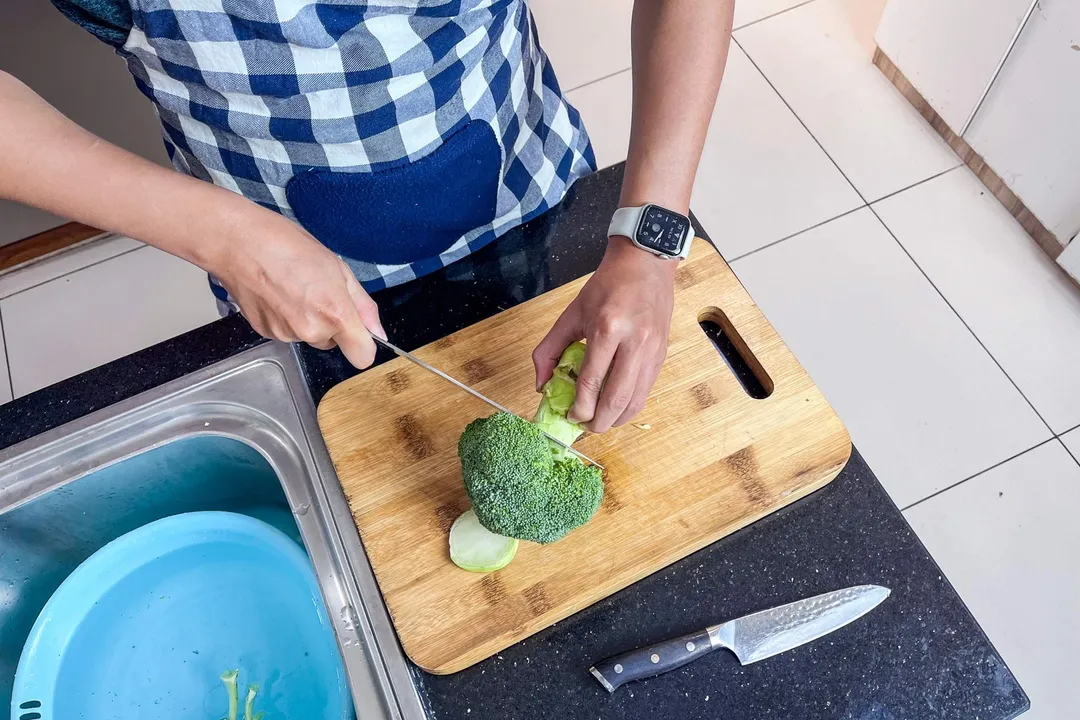 cut broccoli stalk on a cutting board