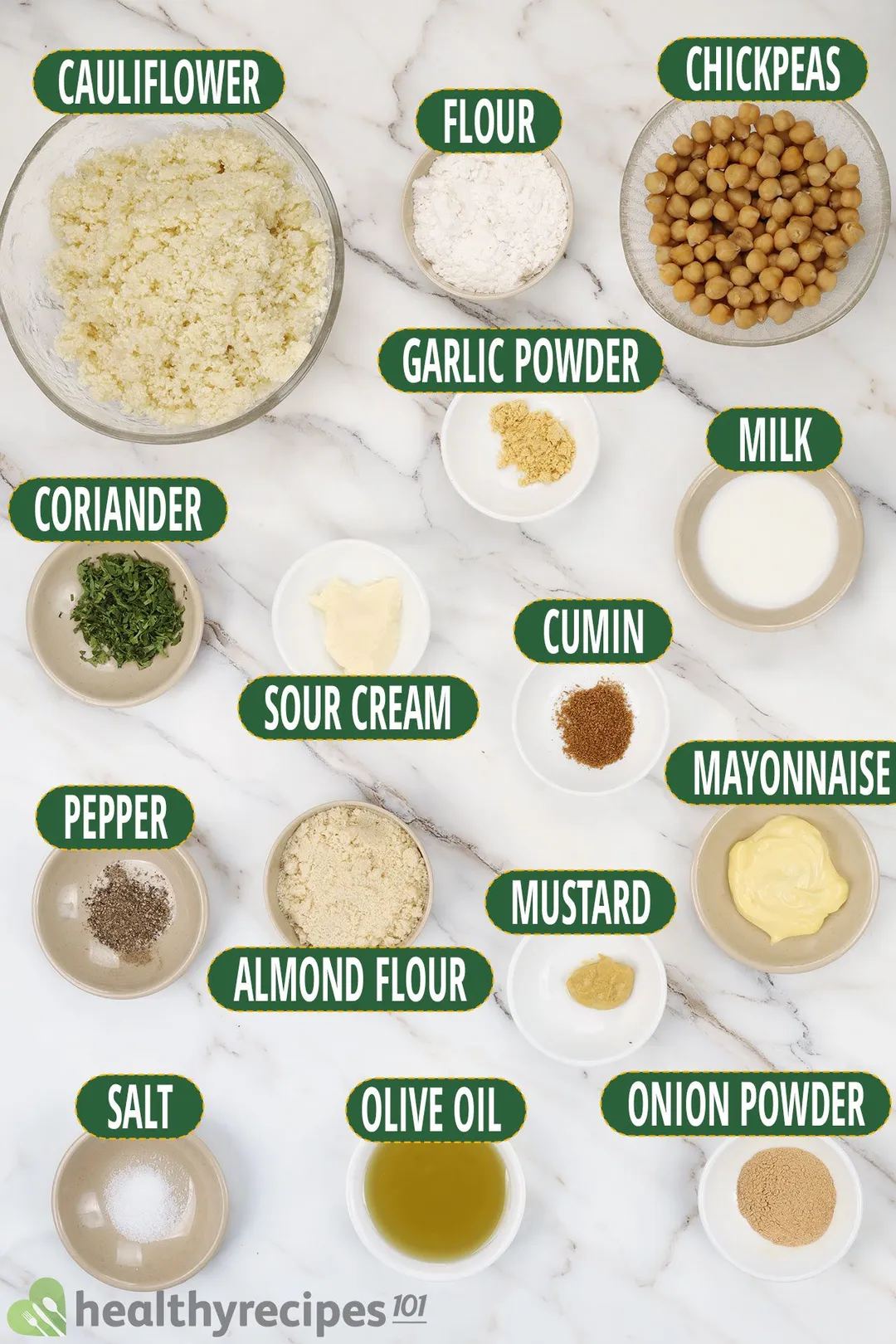 ingredients in bowls for cauliflower patties