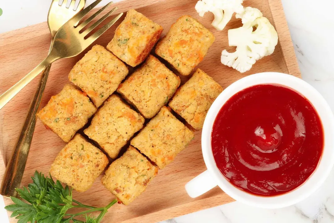 enjoy cauliflower tots hot with ketchup