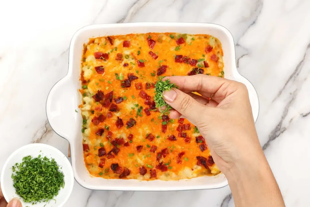 garnish and serve loaded cauliflower casserole