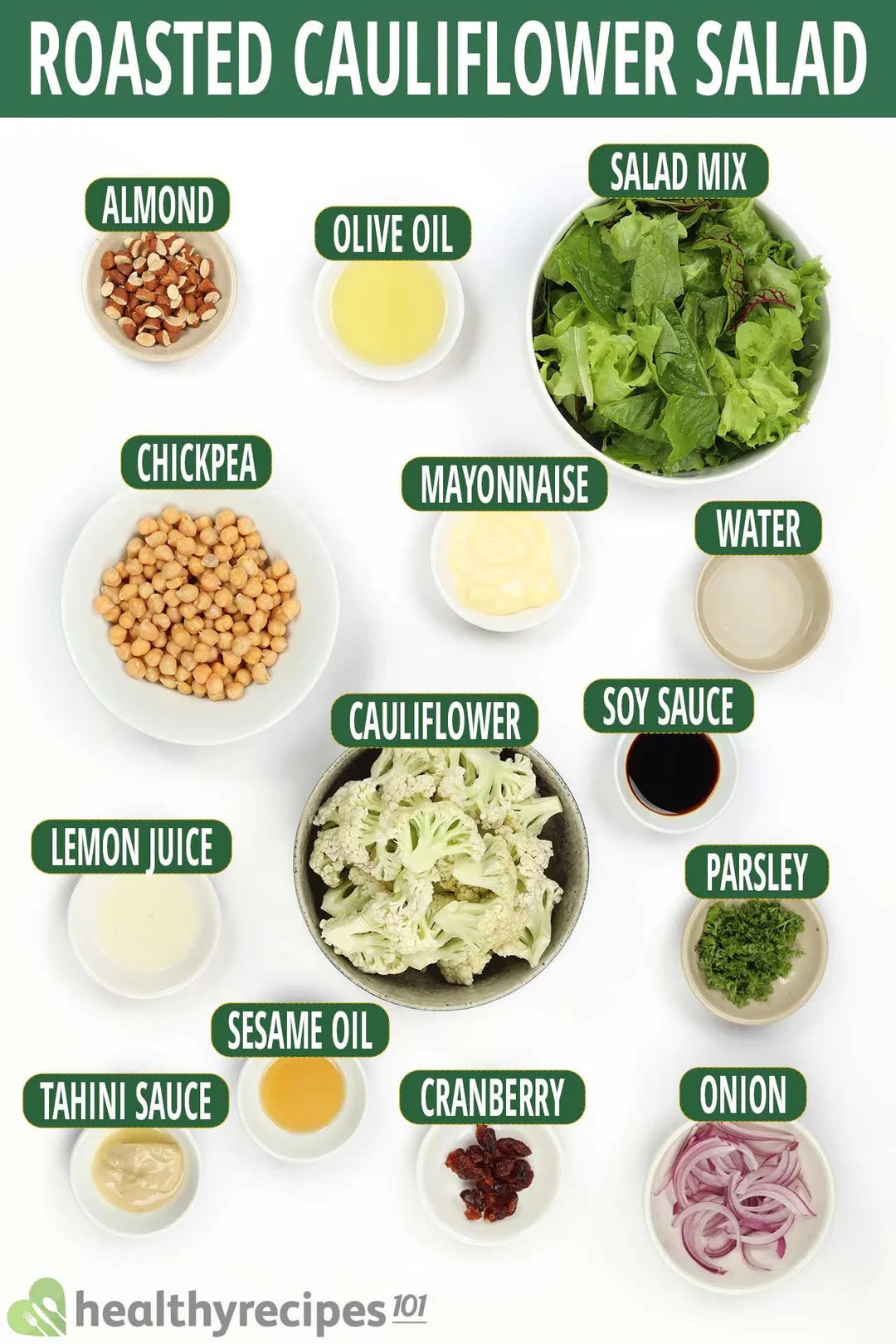 A bowl of cauliflower florets, a plate of chickpeas, and a bowl of lettuce leaves surrounded by various condiments