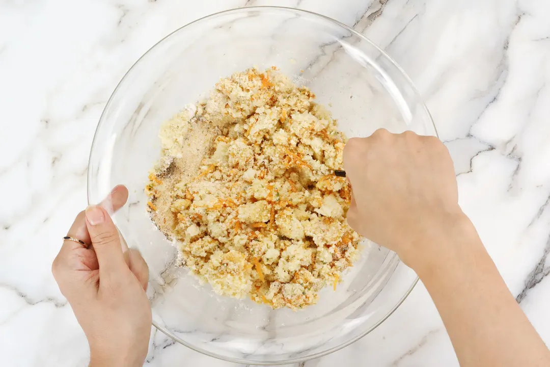 Make the cauliflower tots dough in a mixing bowl