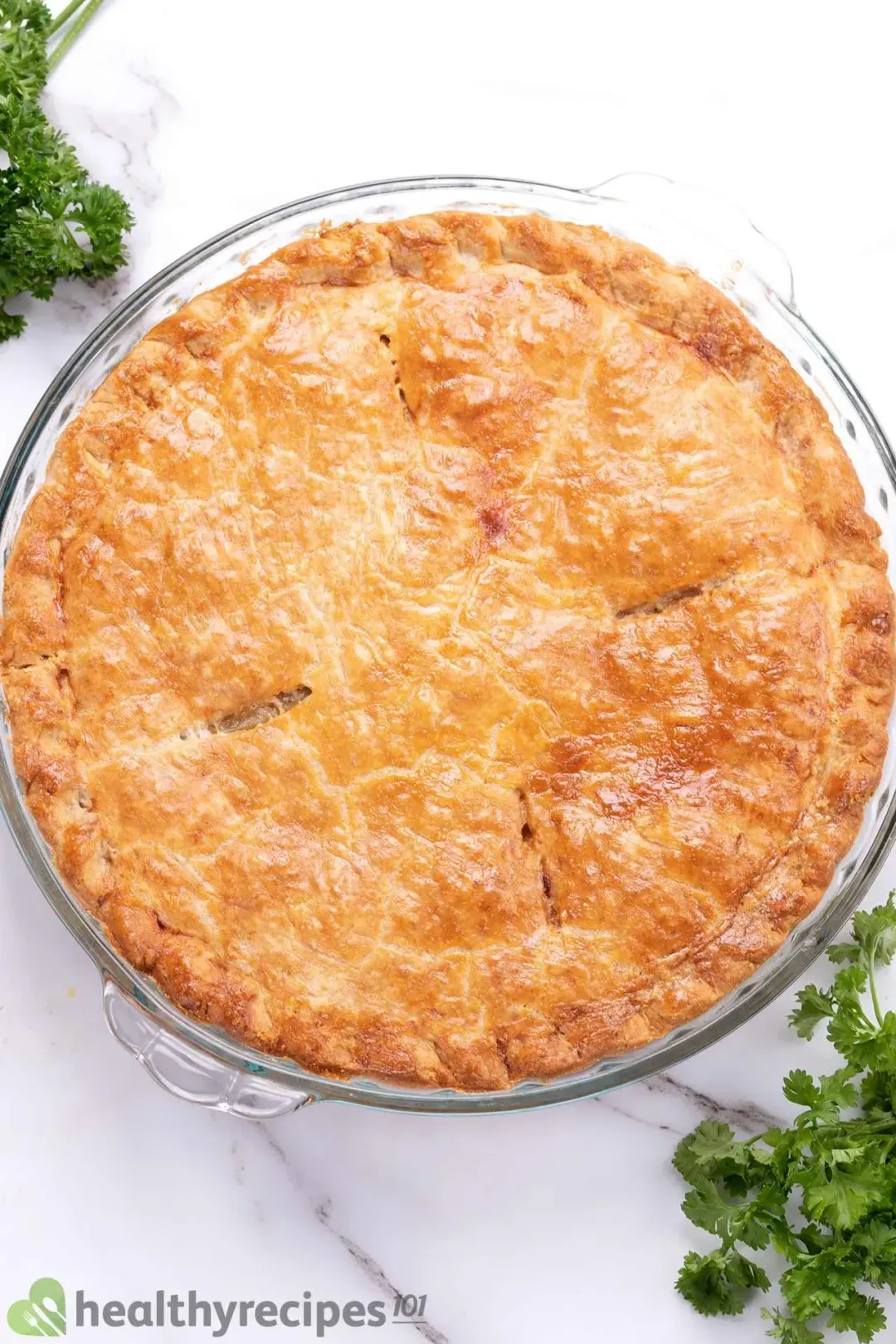 A high angle shot of a chicken pot pie 