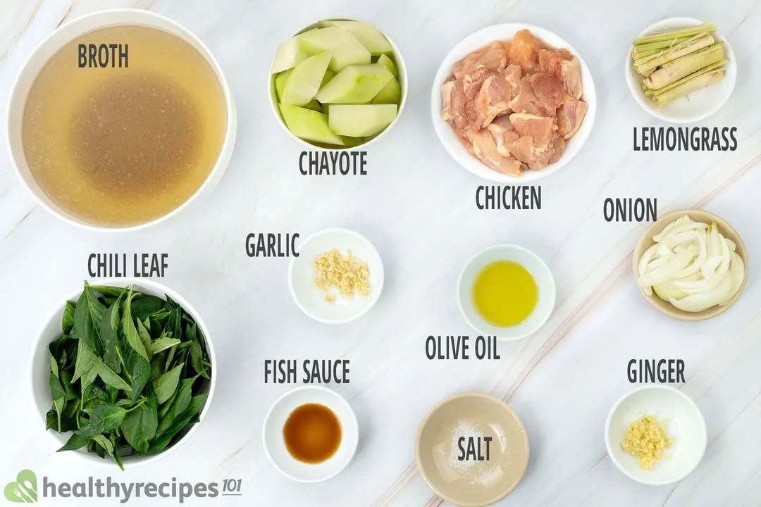 Chicken Tinola Ingredients: broth, chayote, chicken, onion, chili leaf...