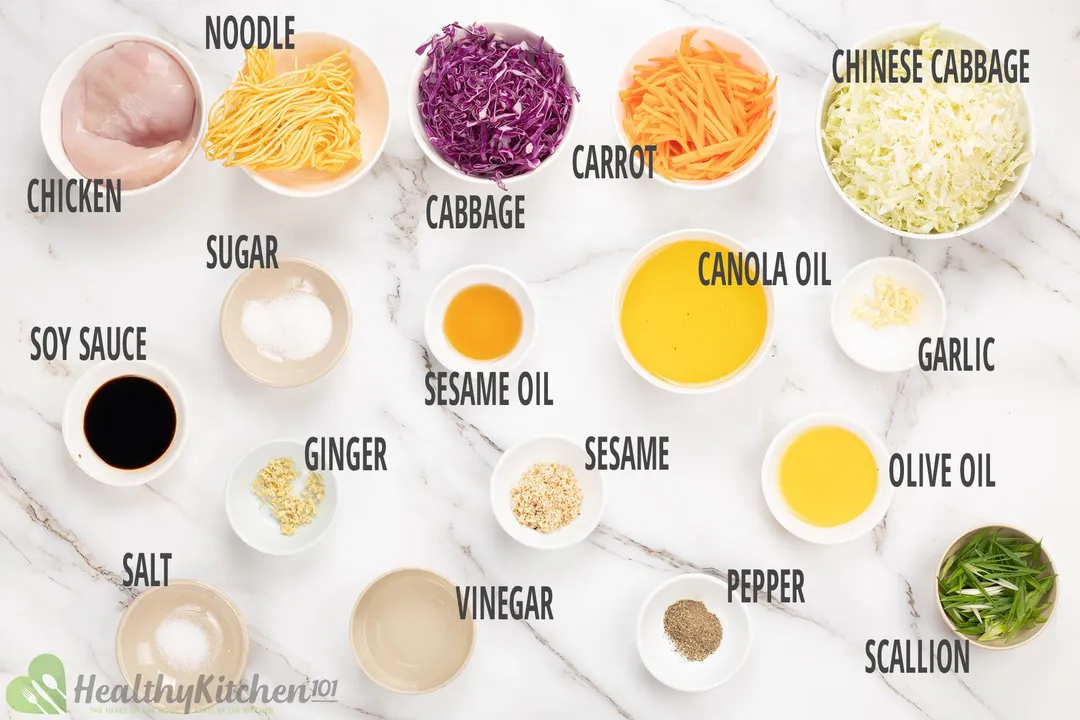 Chinese Chicken Salad Ingredients: cabbage, carrot,...