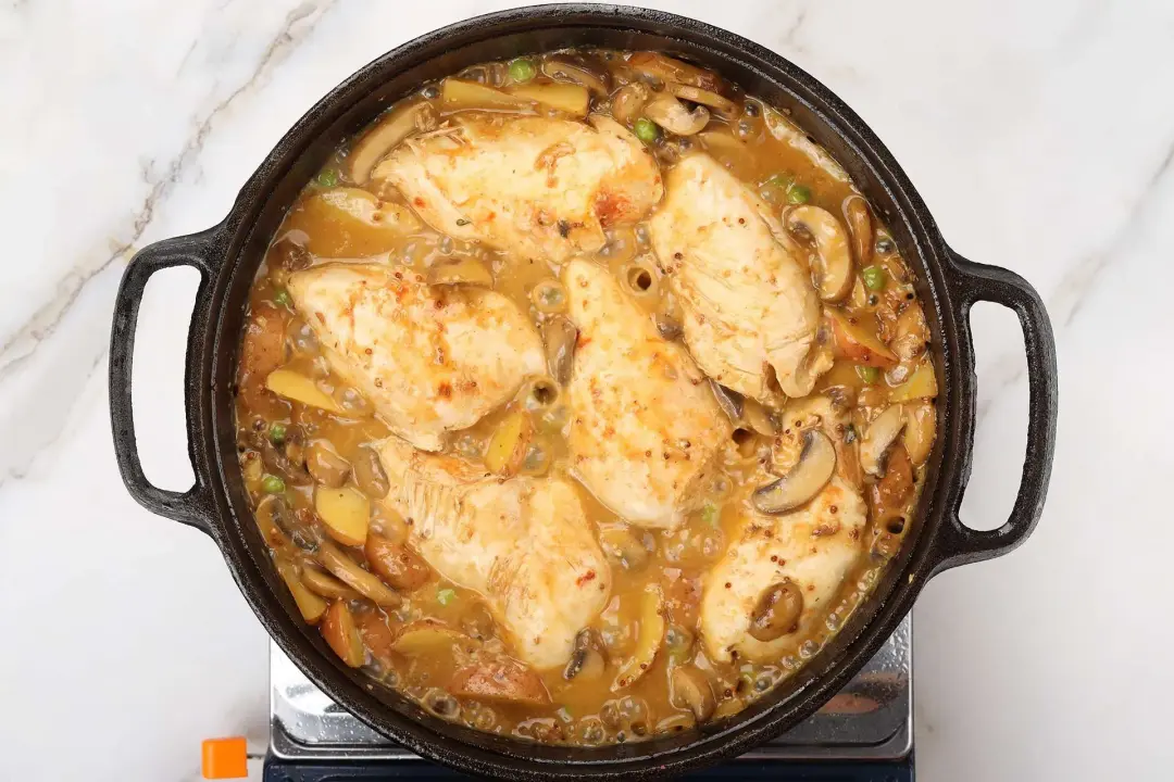 Cook the chicken and vegetables in the broth mustard