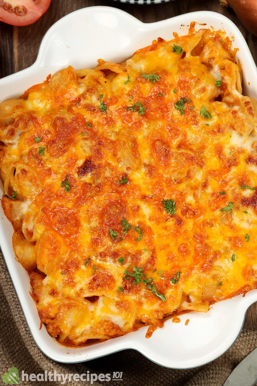 close shot of of a baked casserole of ground chicken and pasta