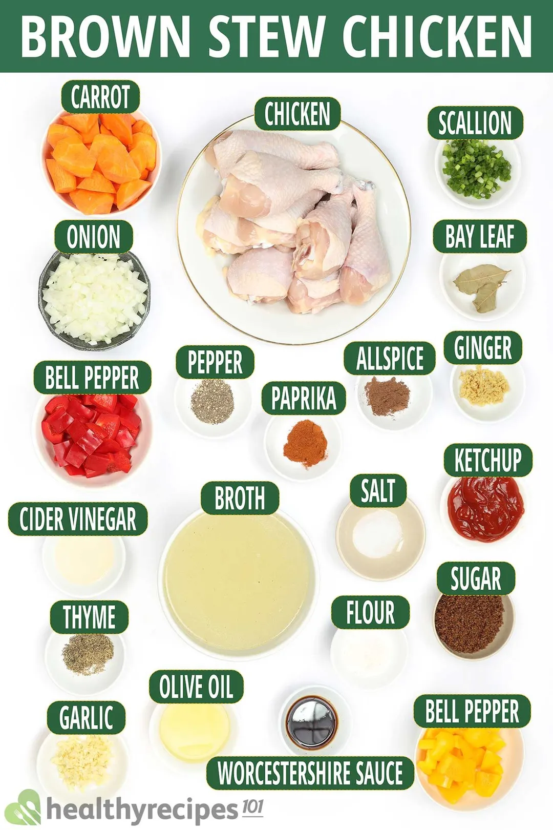 Ingredients for brown stew chicken, including chicken drumsticks, diced bell peppers, and various condiments