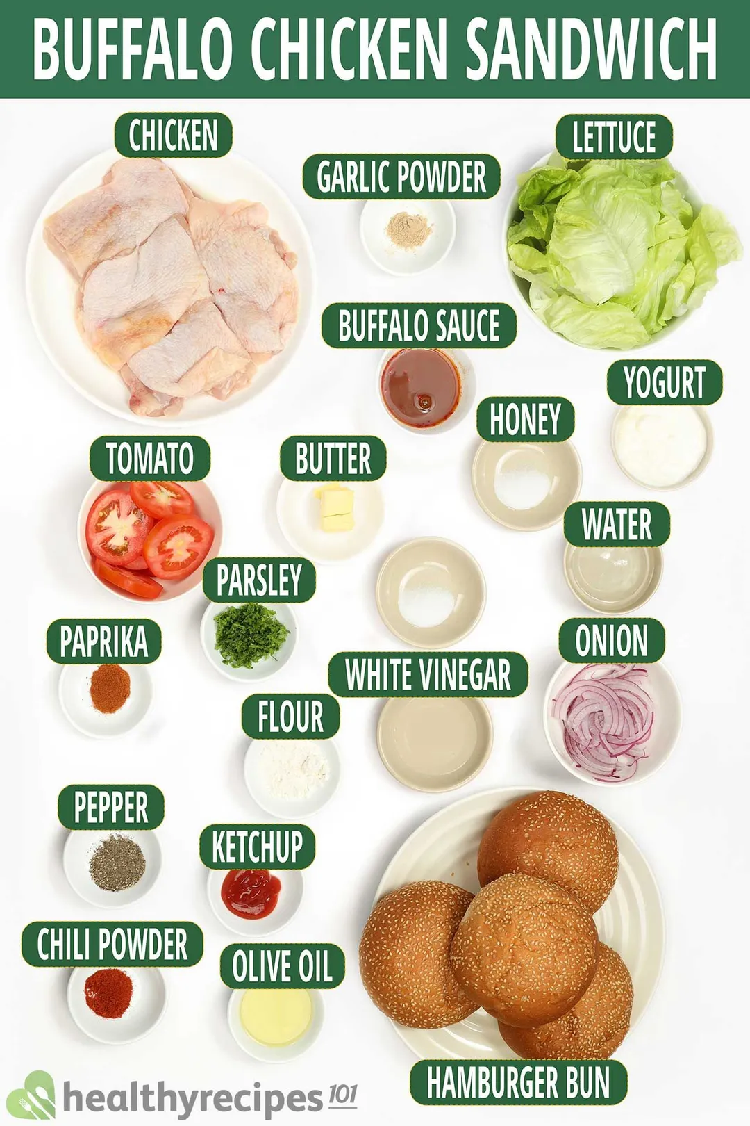 Ingredients for Buffalo chicken sandwich: chicken thighs, hamburger buns, lettuce, onions, tomatoes, and seasonings