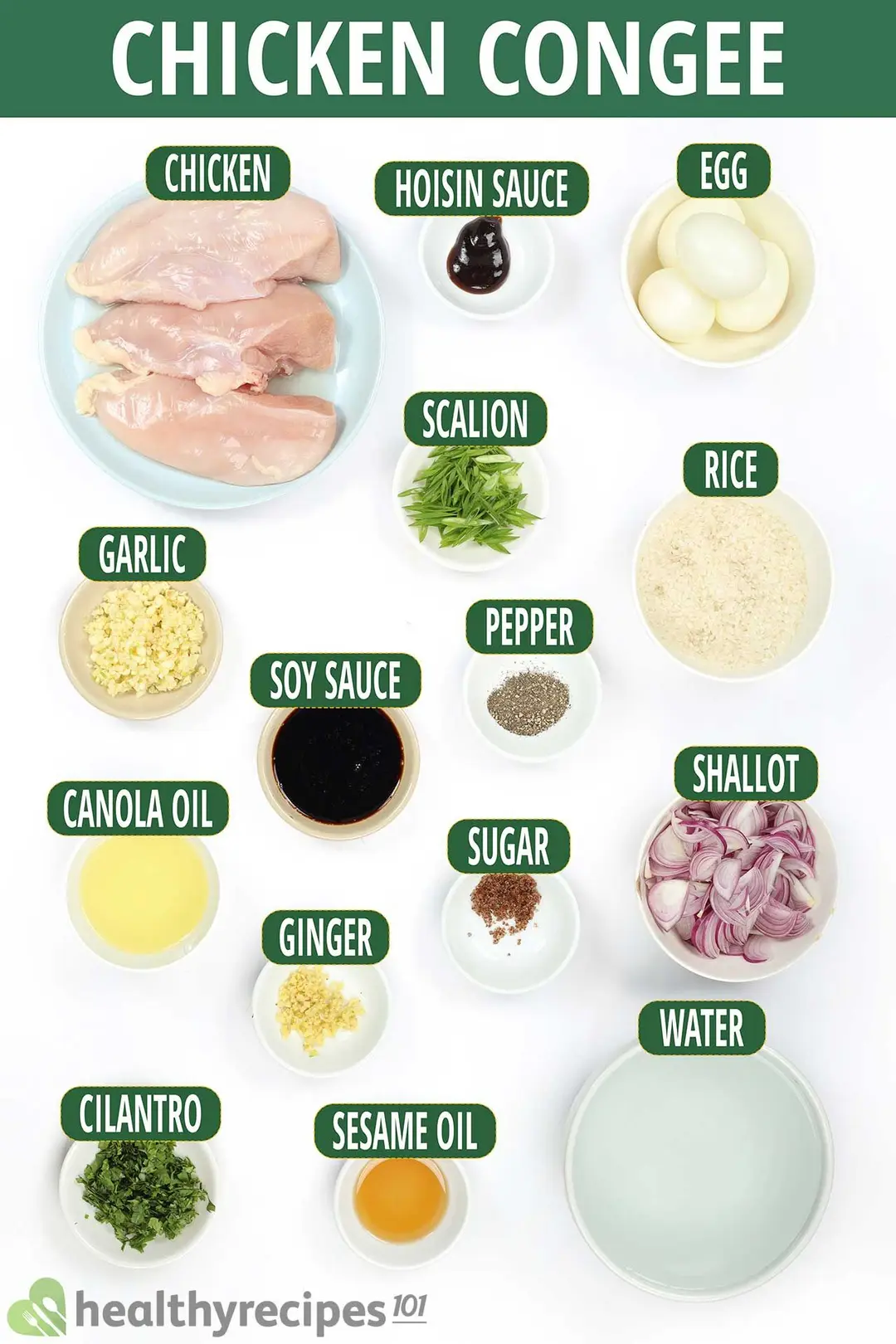Ingredients for chicken congee: chicken breasts, rice, water, eggs, shallots, herbs, and seasonings