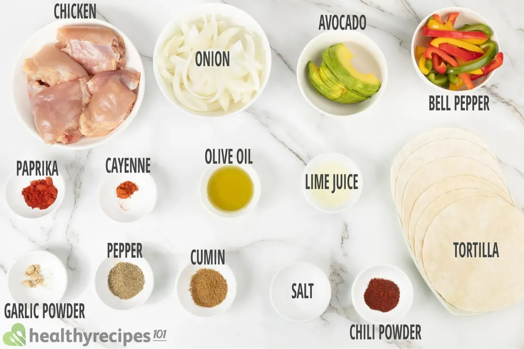 Ingredients for Chicken Fajitas, including raw chicken breasts, bell pepper sticks, tortillas, and others