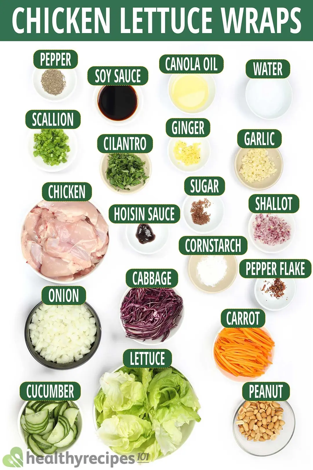 Ingredients for lettuce wraps, including lettuce leaves, julienned carrots, half-moon sliced cucumbers, red cabbage ribbons, peanuts, and various condiments