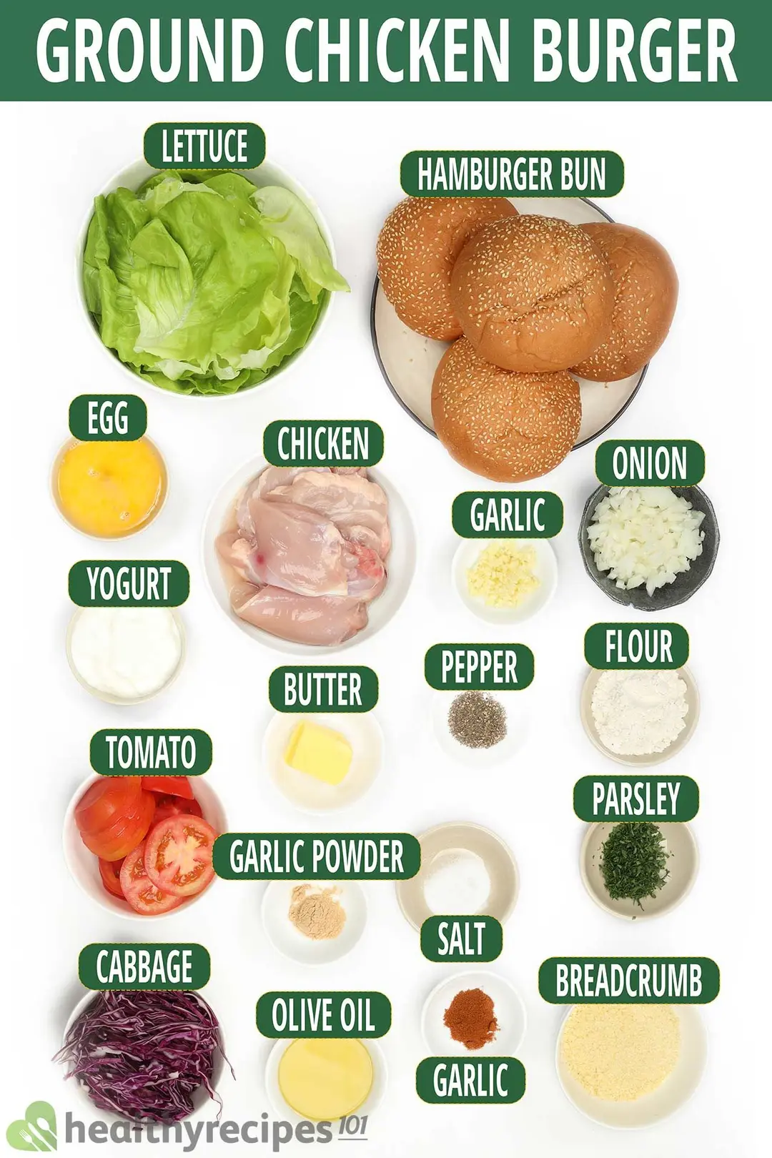 Ingredients for ground chicken burger, including hamburger buns, lettuce leaves, shredded cabbage, tomato slices, raw chicken breasts, and spices
