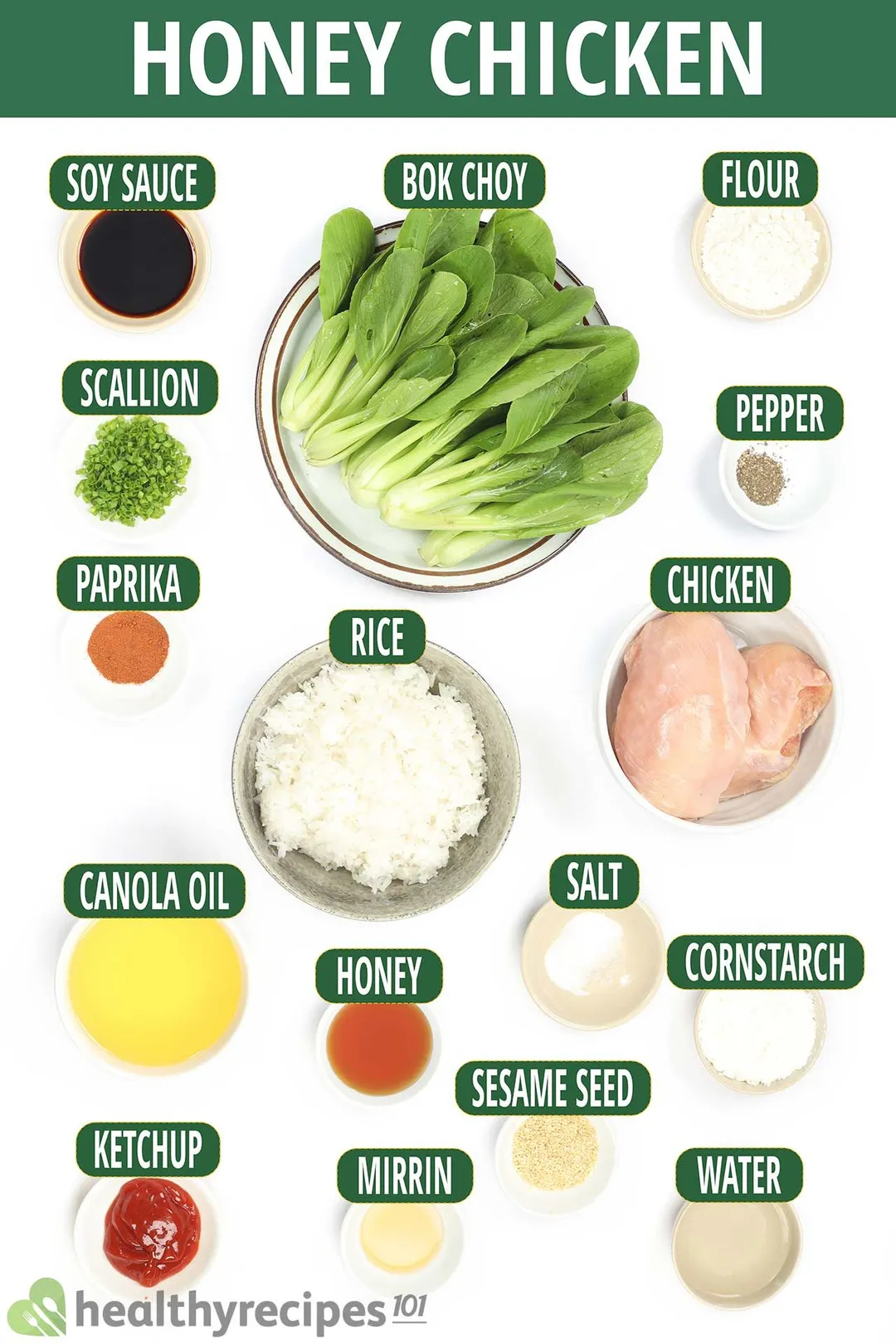 A plate of bok choy, a bowl of white rice, and a small dish of chopped scallions laid near various condiments