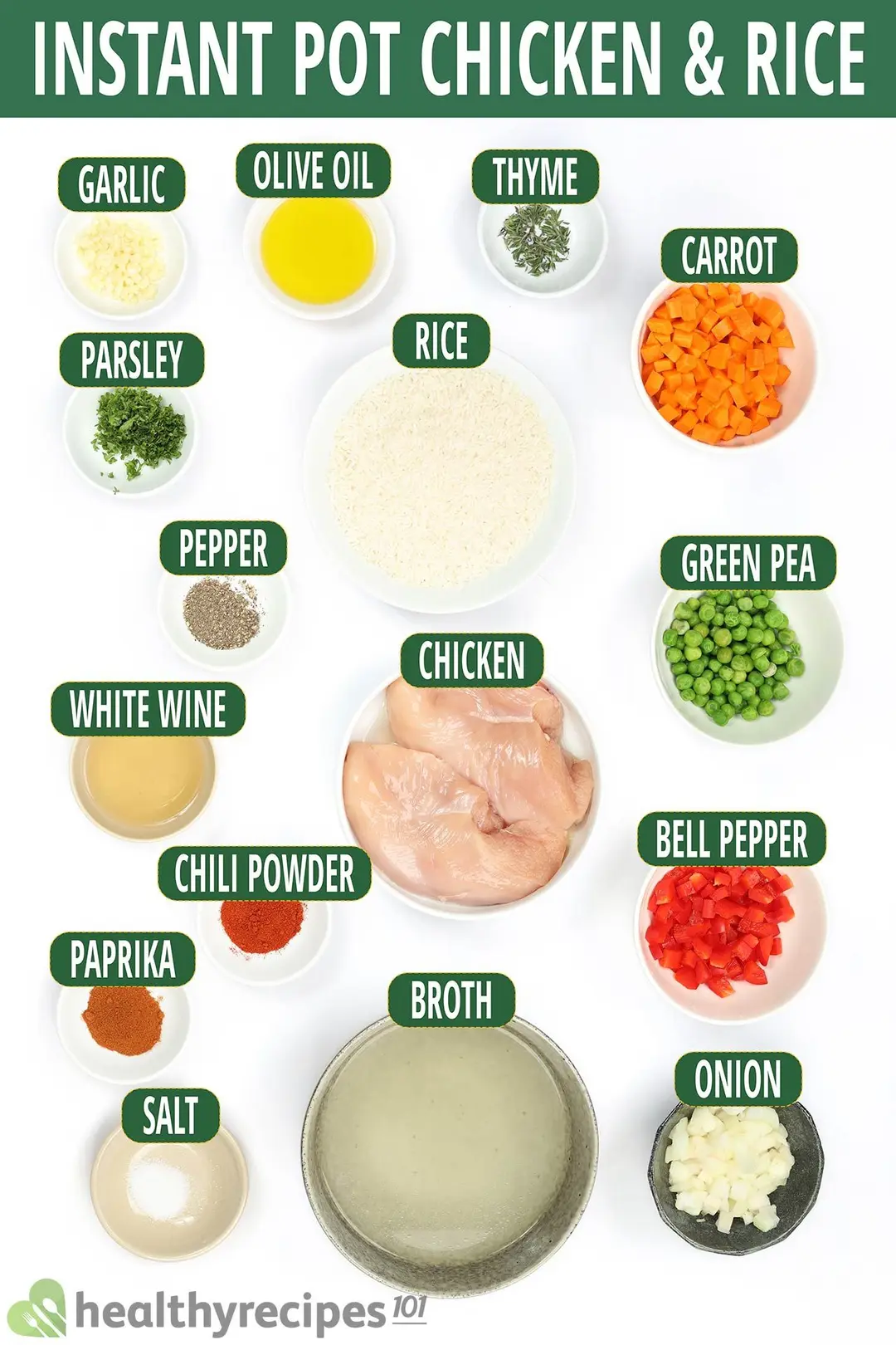Ingredients for instant pot chicken and rice, including raw chicken breasts, white rice, diced carrots, diced bell peppers, diced onion, green peas, and spices