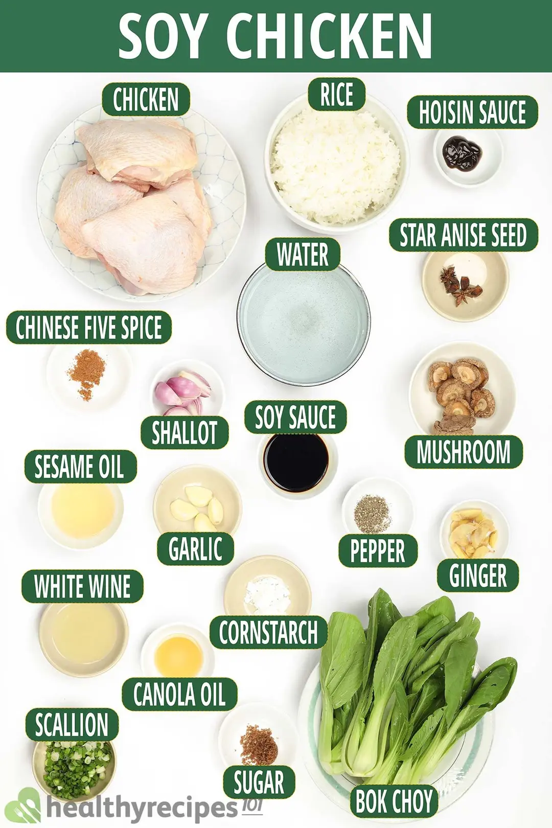 Ingredients for soy sauce chicken, including raw chicken thighs, white rice, bok choy, soy sauce, and various condiments
