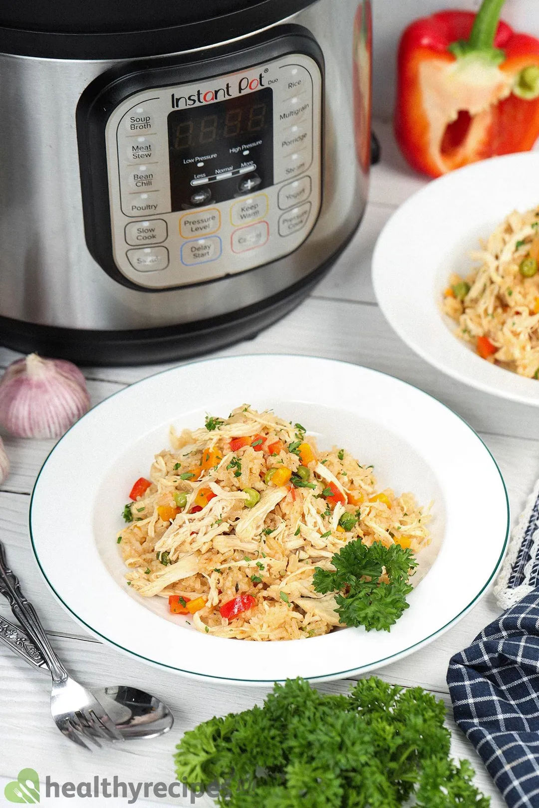 A plate of cooked rice and shredded chicken placed in front of an instant pot