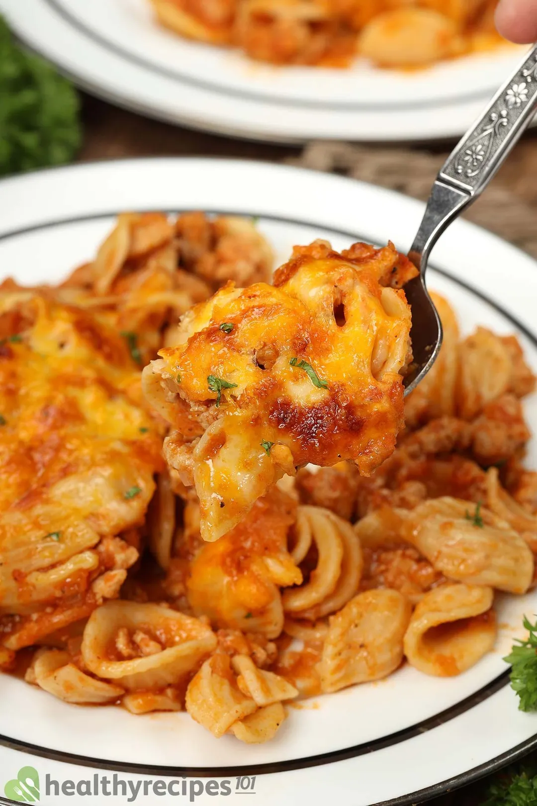 a spoon full of ground chicken and pasta on top of a plate