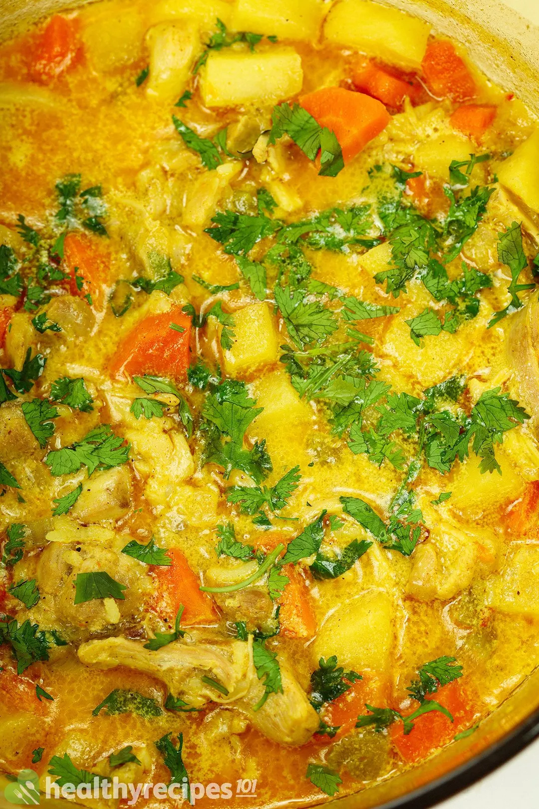 close shot of a pot of mulligatawny soup with chopped parsley on top