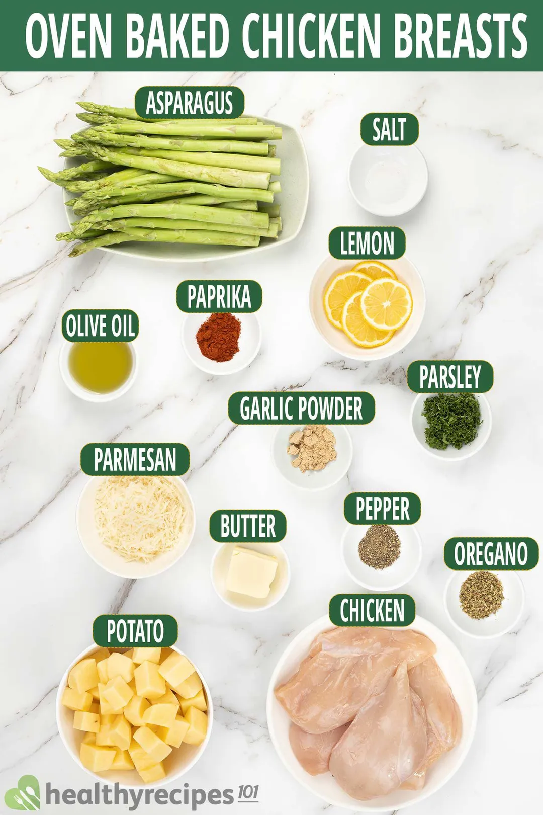 ingredient bowls for baked chicken breasts: potatoes cubes, chicken, asparagus....