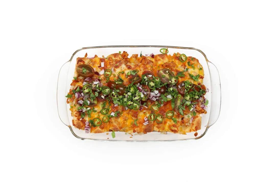 top view of a casserole of ground chicken enchilada