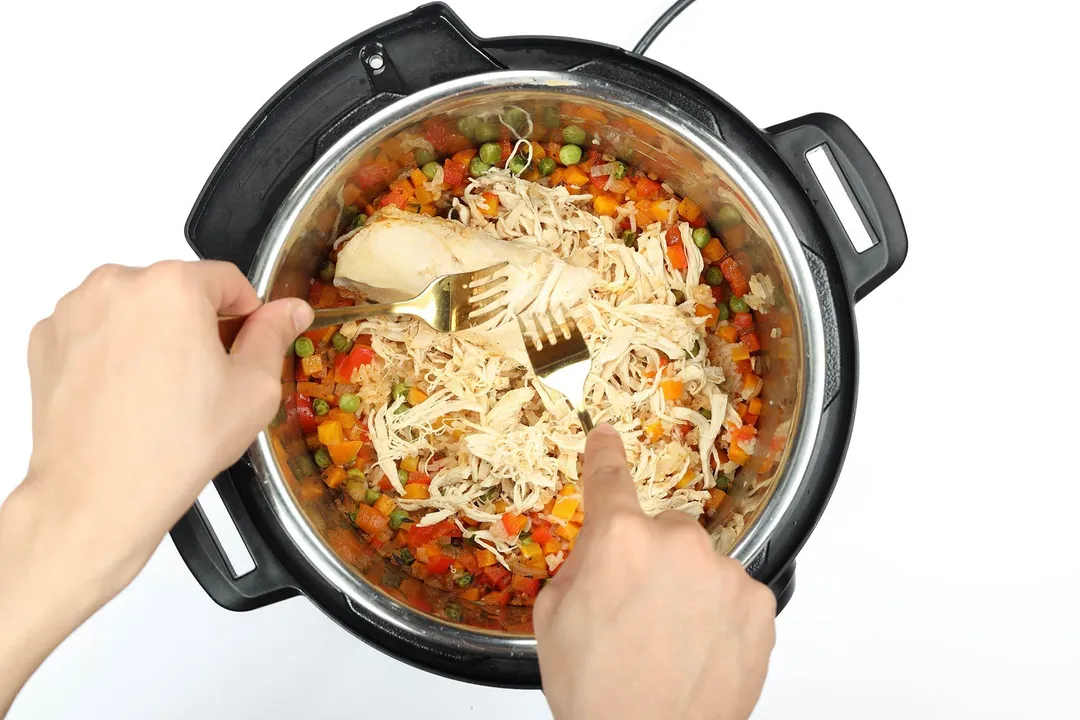 Two hands holding two forks to shred cooked chicken breasts in an instant pot's inner pot