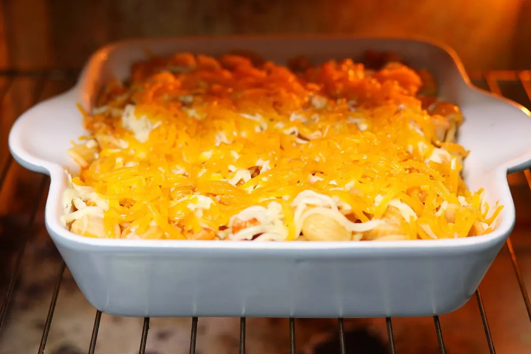 baking a casserole of ground chicken pasta in the oven