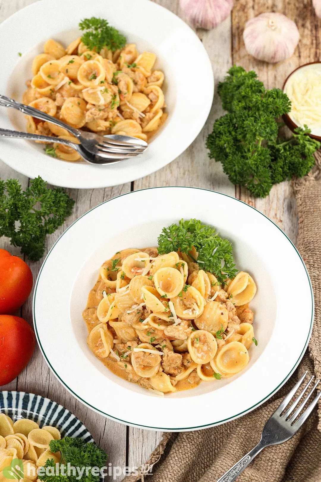 Two plates of ground chicken pasta decorated with parsley