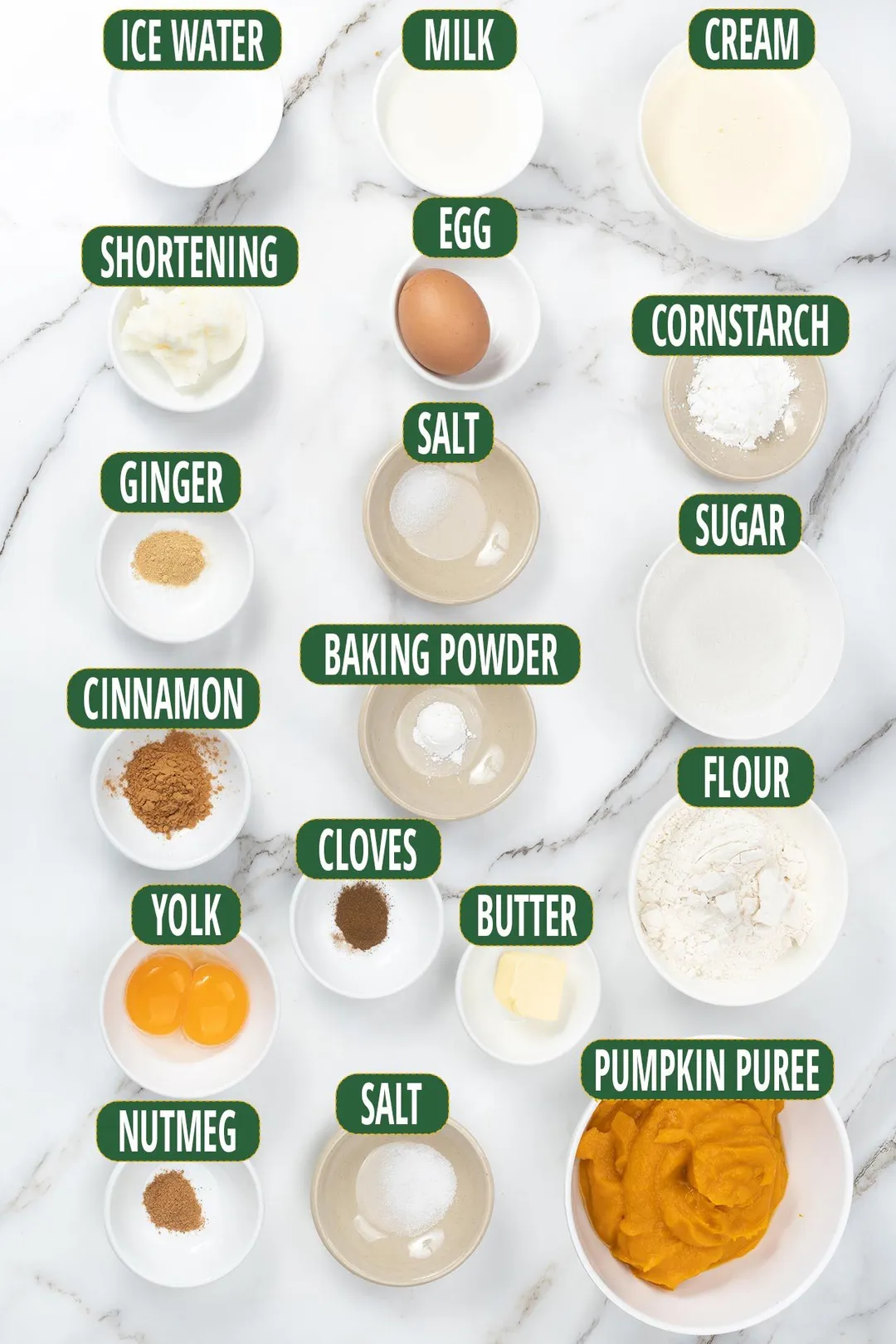 Ingredients for Pumpkin Pie, including pumpkin puree, egg yolks, flour, and other baking essentials.