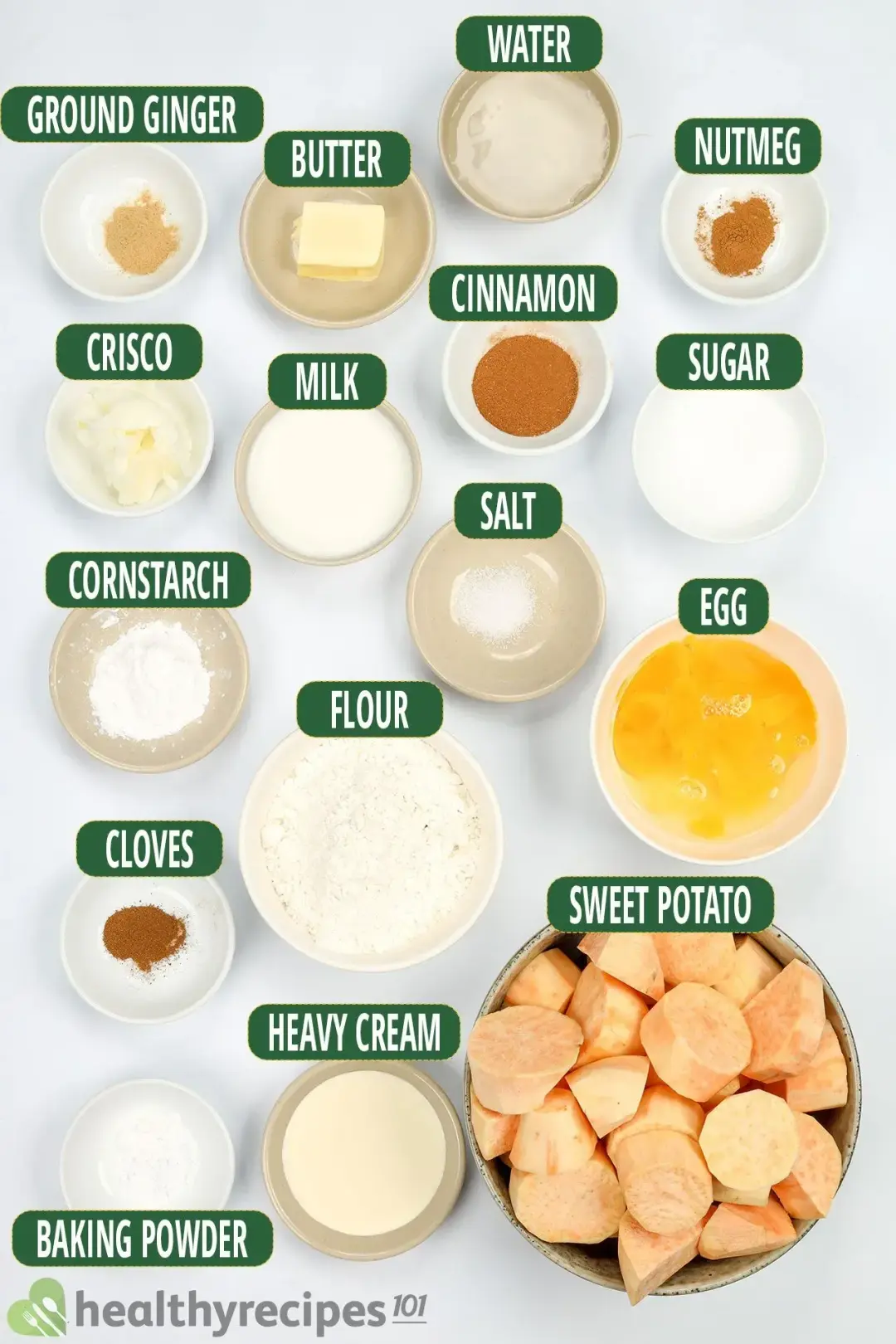 ingredients for Sweet Potato Pie: sweet potato cubed, flour, eggs, heavy cream and other spices