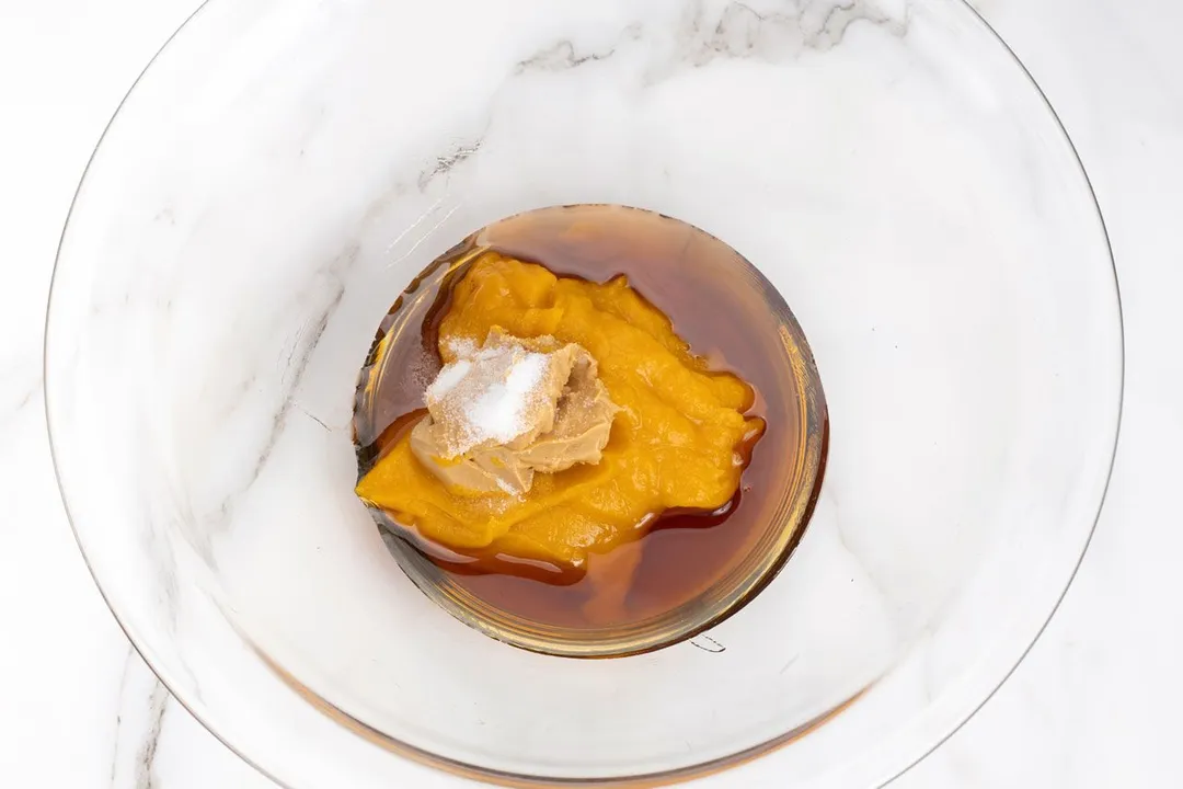 peanut butter, pumpkin puree, syrup and salt in a glass bowl