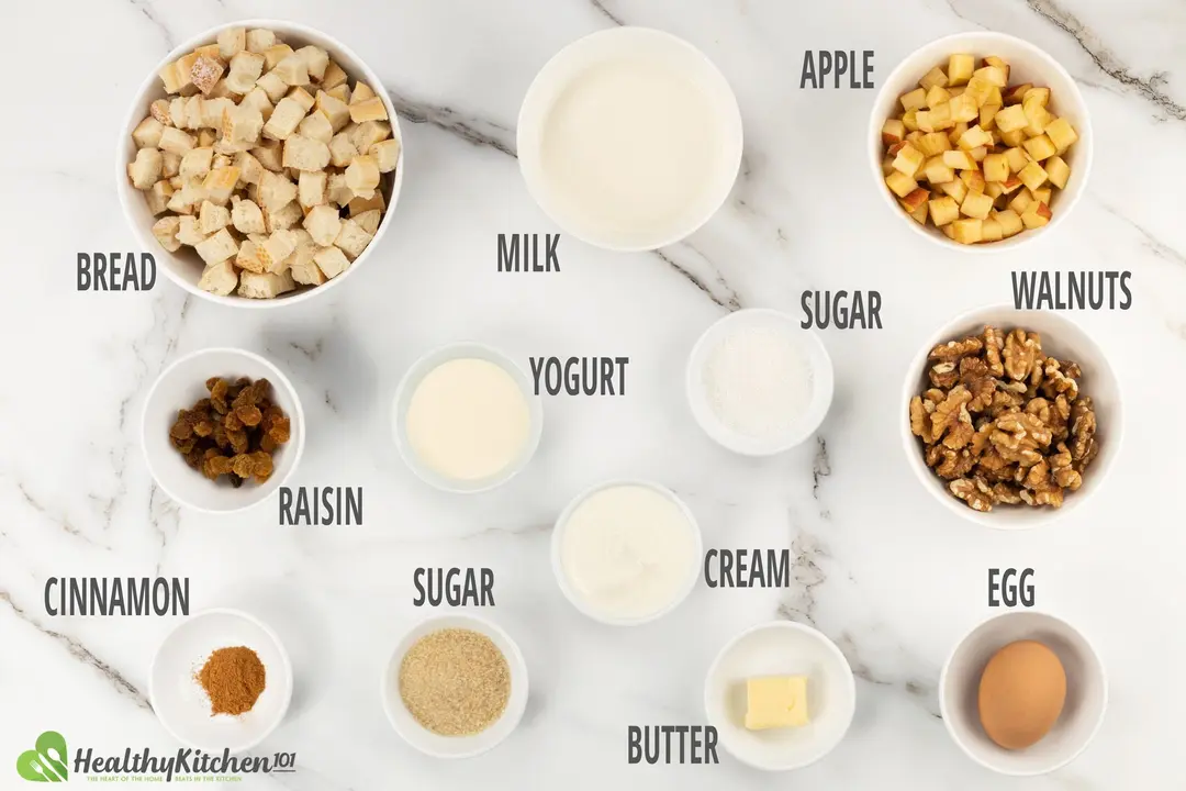 Bread Pudding Ingredients: eggs, yogurt, raisins, cream, walnut, sugar,...