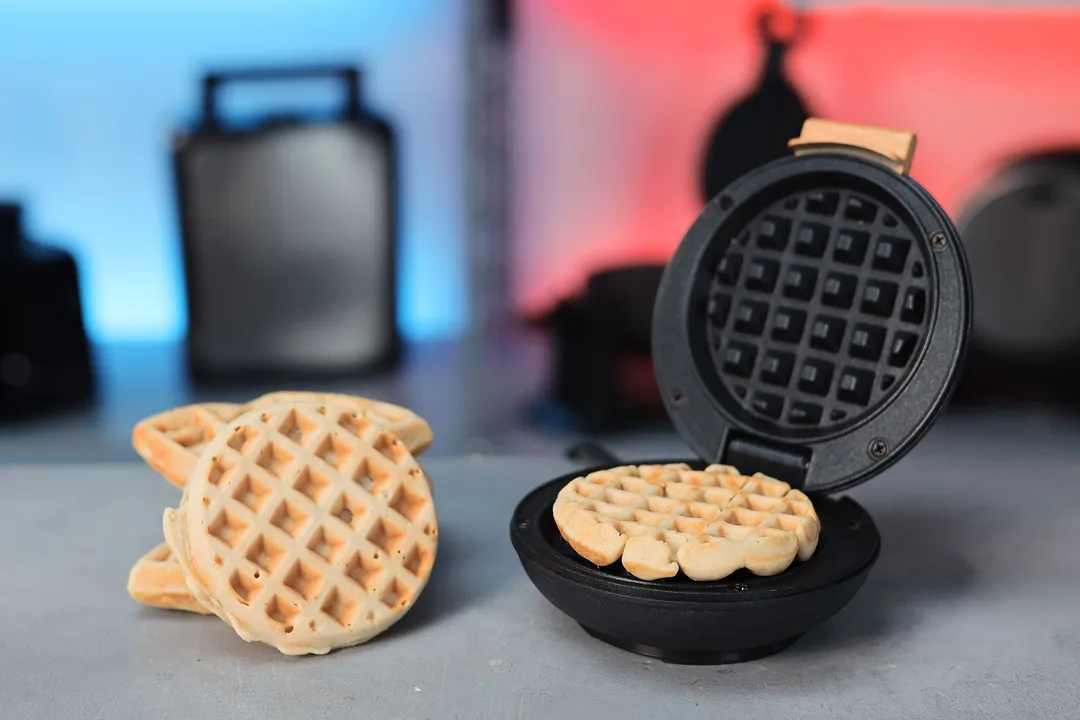 front shot of cooked waffle with a waffle maker