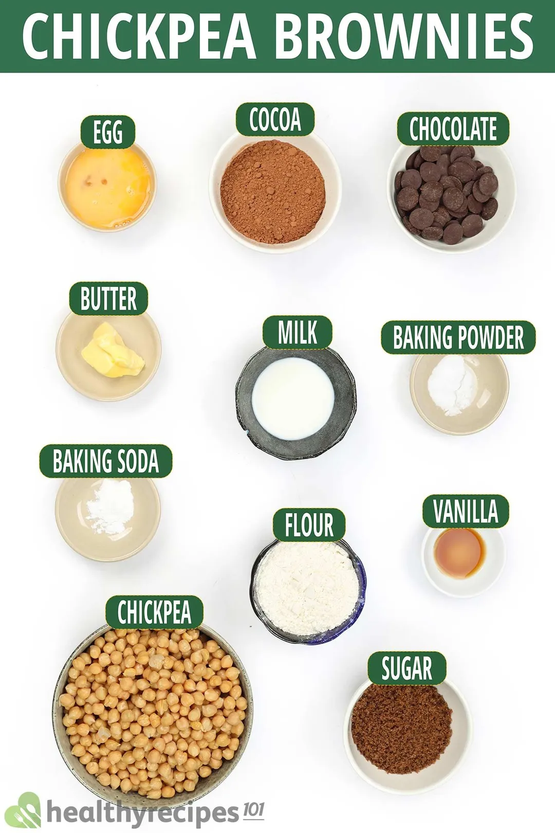Ingredients for chickpea brownies, including chickpeas, chocolate chips, cocoa powder, and other baking essentials. 