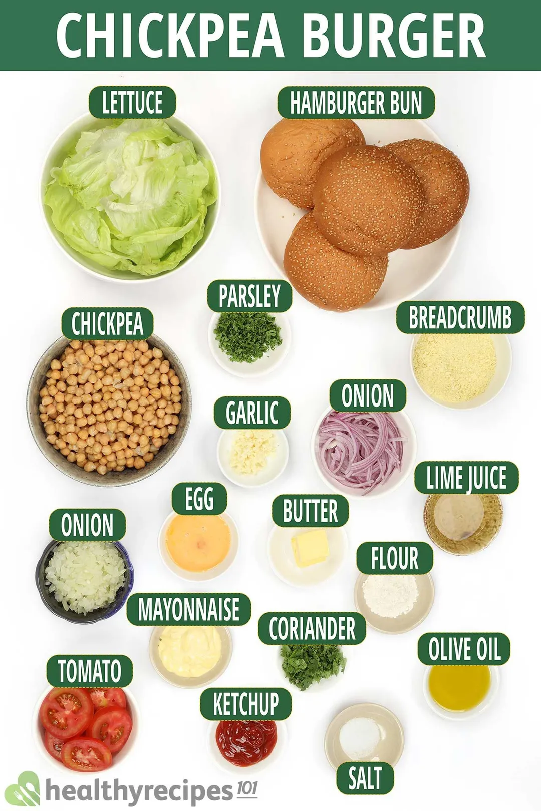 Ingredients for chickpea burger, including burger buns, fresh lettuce, chickpeas, sliced tomatoes, and various other ingredients.