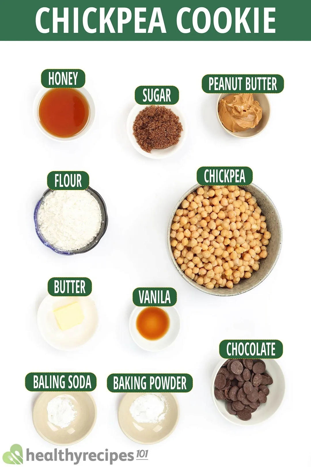 Ingredients for chickpea cookies, including a bowl of chickpeas, bowls of sugar, peanut butter, honey, chocolate chips, and other ingredients.