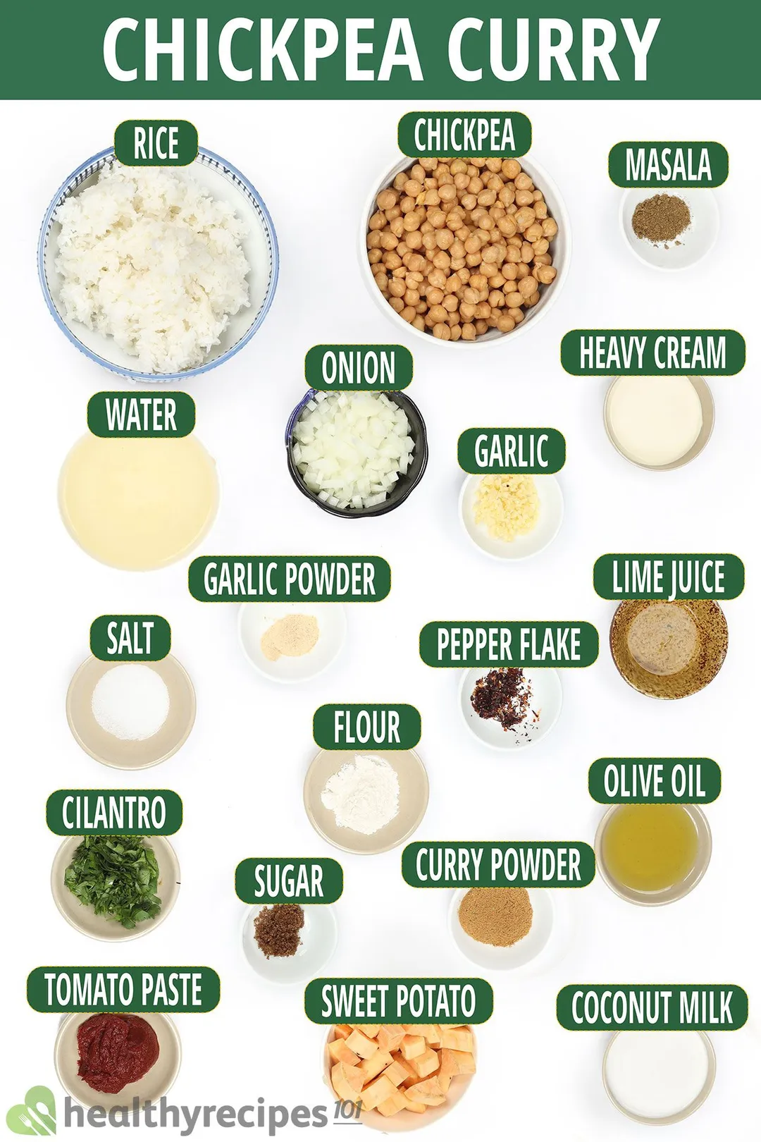 Ingredients for chickpea curry, including a bowl of chickpea, a bowl of cooked rice, a bowl of cubed sweet potatoes, and various condiments.