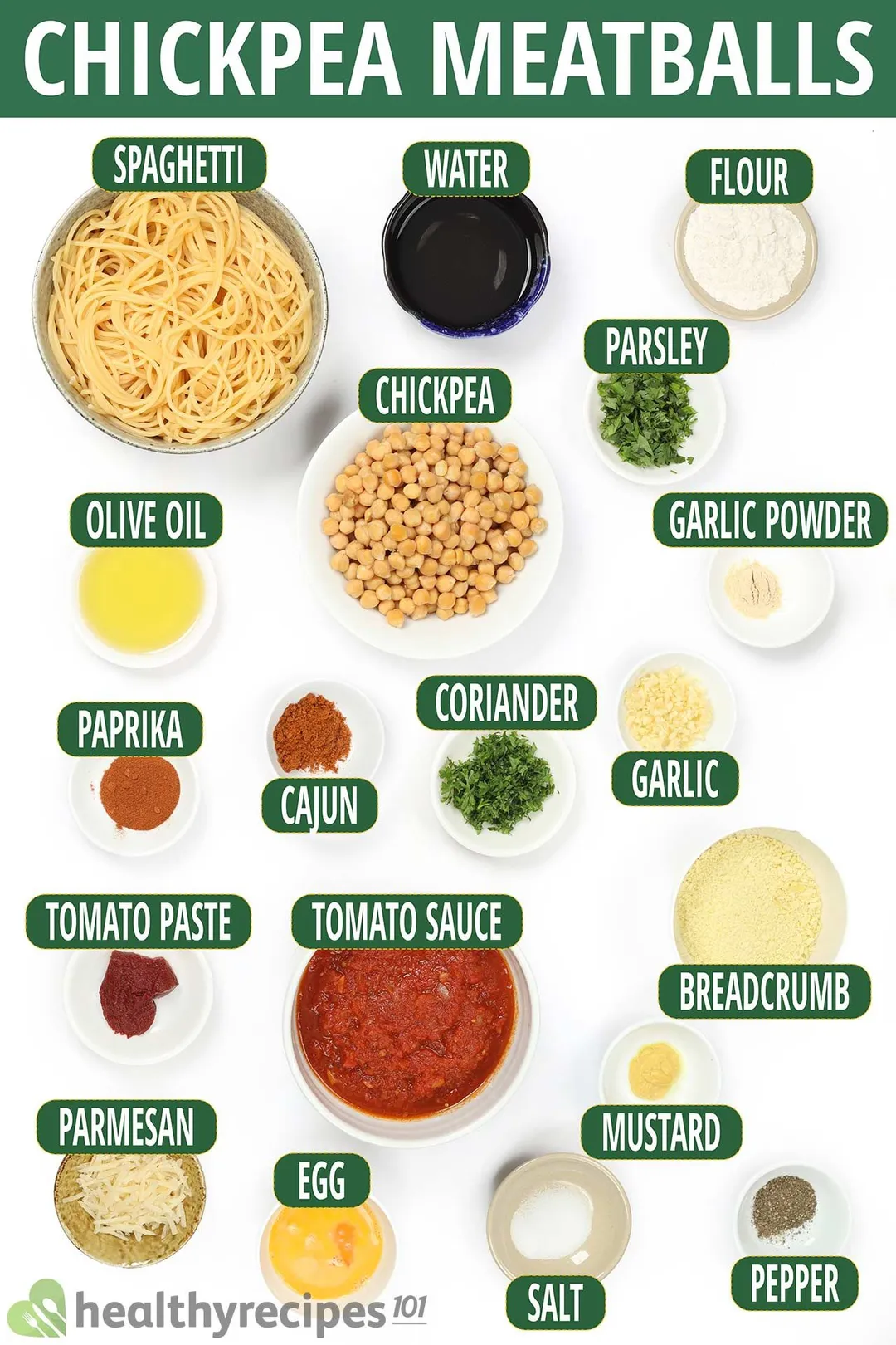 Ingredient for chickpea meatballs, including a bowl of chickpeas, a bowl of cooked spaghetti, tomato sauce, and various ingredients.