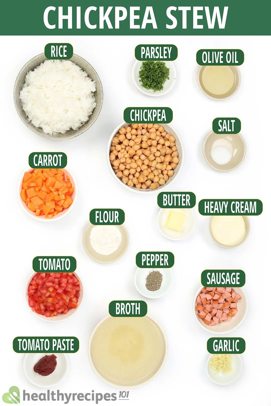Ingredients for chickpea stew, including a bowl of chickpeas, carrot cubes, cooked white rice, diced tomatoes, and other ingredients.