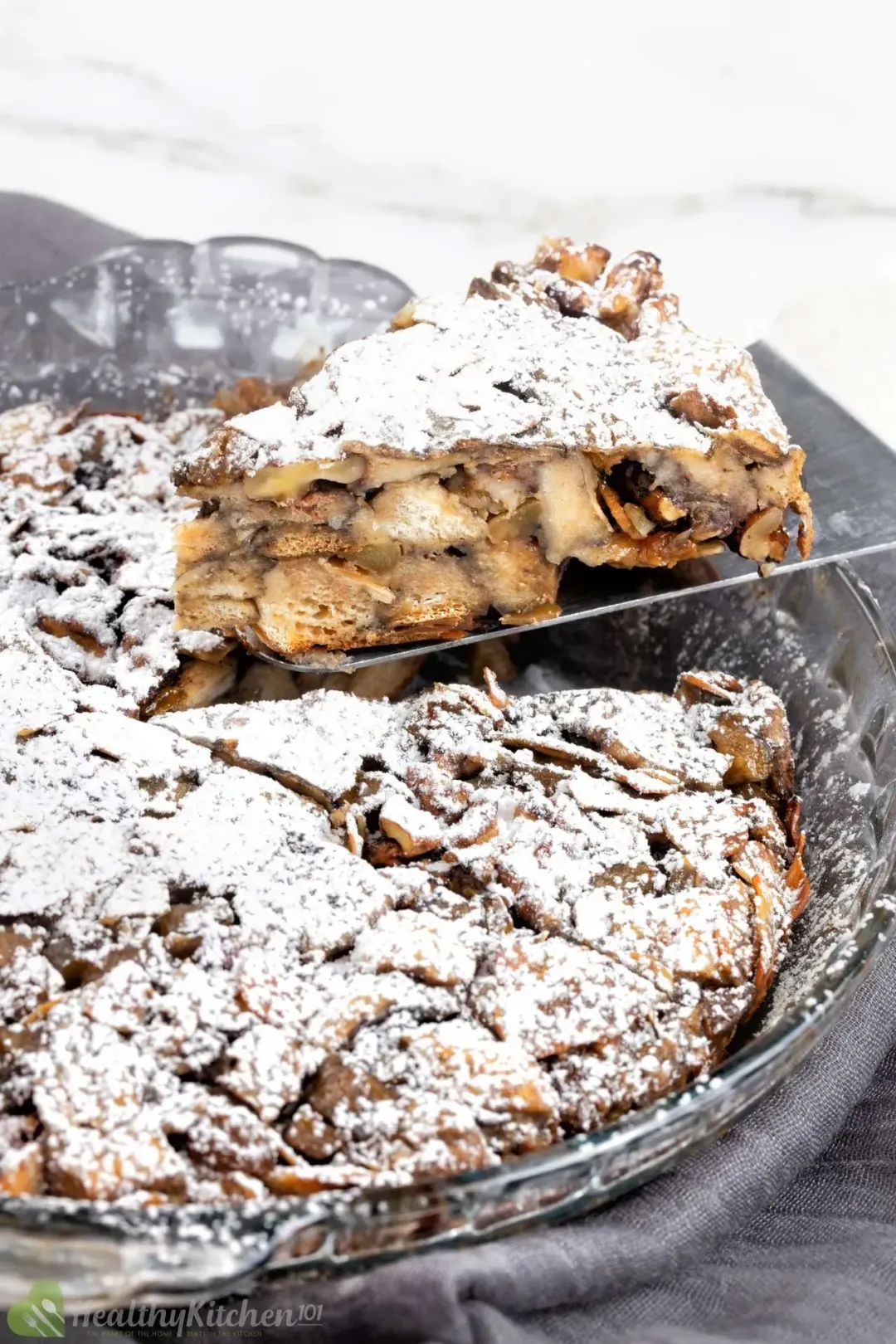 A slice of French toast casserole lifted from the whole bake