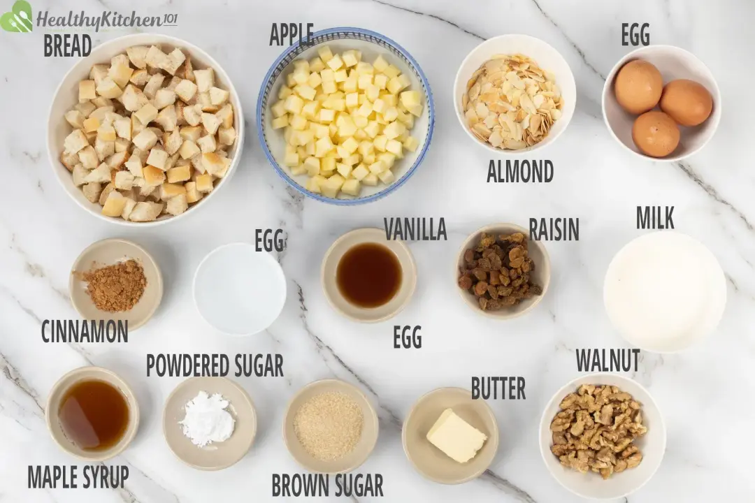 Ingredients: cubed bread, chopped apples, whole eggs, almonds, and other ingredients for French toast casserole