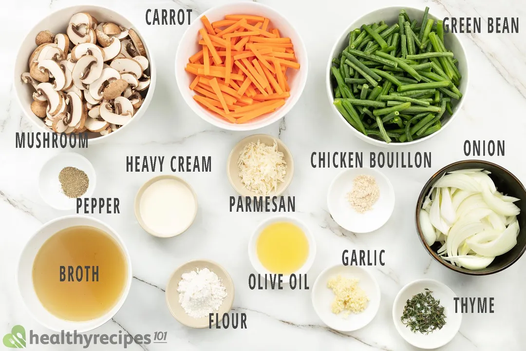 Ingredients for Sauteed Green Beans, including bowls of green beans, julienned carrots, sliced mushrooms, and more.