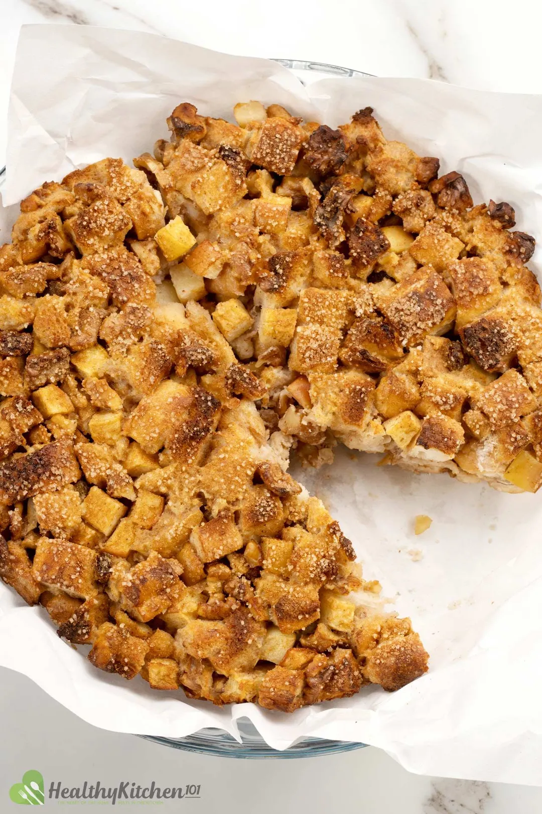 a bread pudding on a white plate