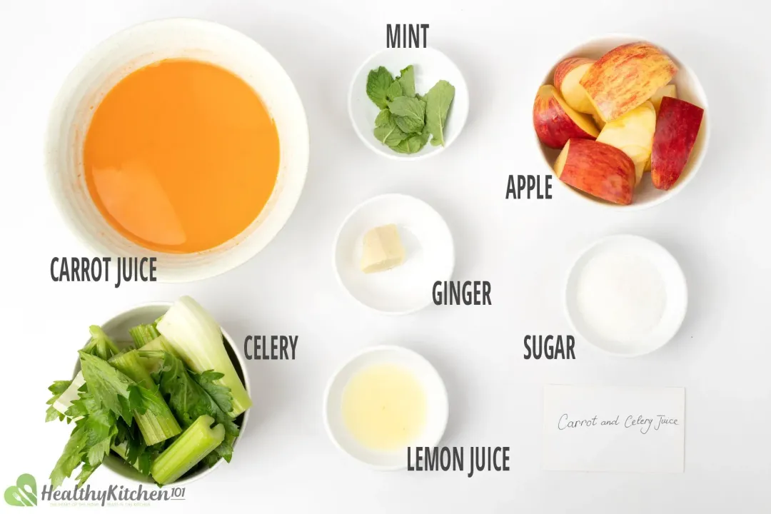 Ingredients: carrot juice, quartered apples, cut-up celery stalks, mints, peeled ginger knob, sugar, and lemon juice
